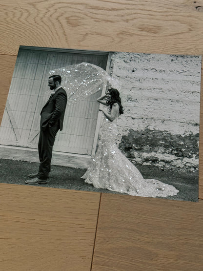 A sample of a bride and groom Co. Lo Sparkle print with bride's sparkled veil blowing in the wind. 