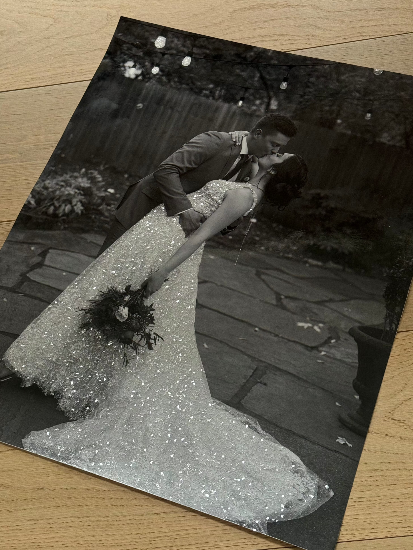 A photograph of a Sparkled Bridal gown sparkle print sample for inspiration. 