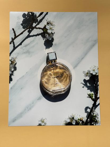 A photo print with sparkle embellished Chanel Perfume.